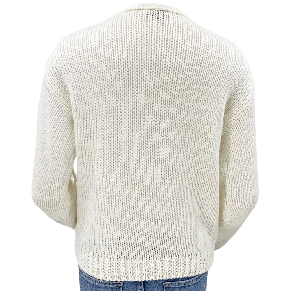 Vintage V-Neck Sweater Creamy White with Floral Detail Knitted by Hand,Currants - Picture 4 of 16